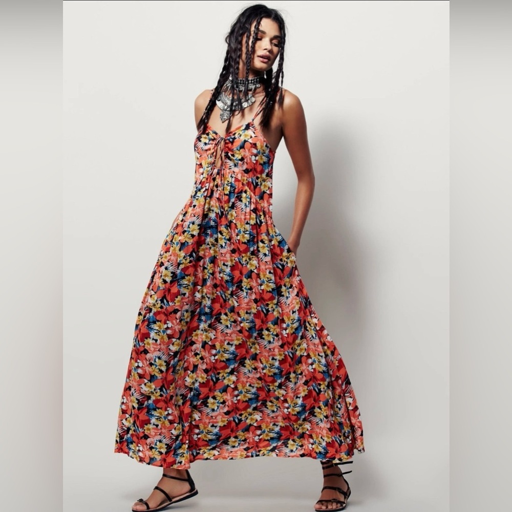 FREE PEOPLE FLORAL MULBERRY FLOWLY MAXI DRESS CORAL MULTI